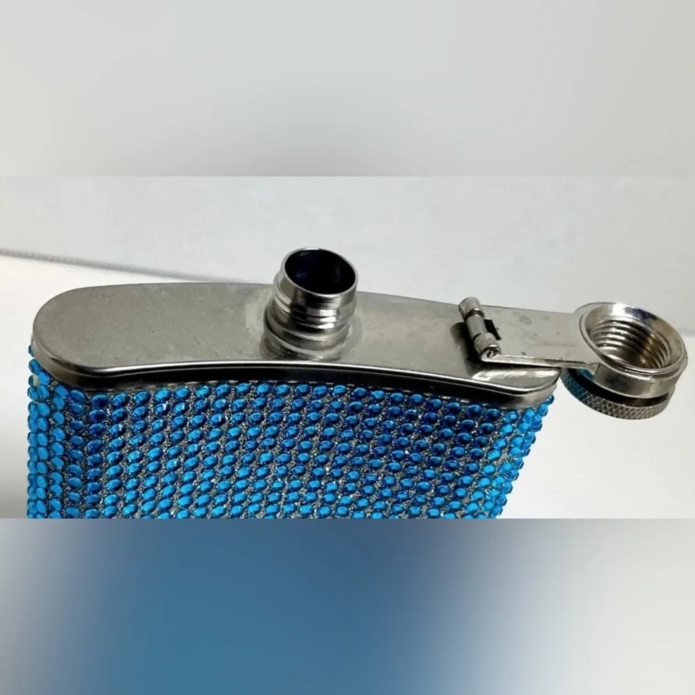 VINTAGE STAINLESS STEEL PERSONAL RHINESTONES FLASK (6 OZ) - BLUE BLING BLING